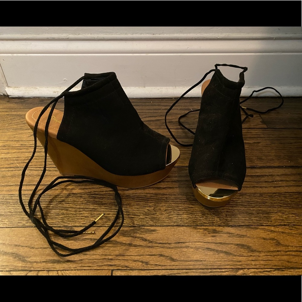 Gold toe lace up wedges